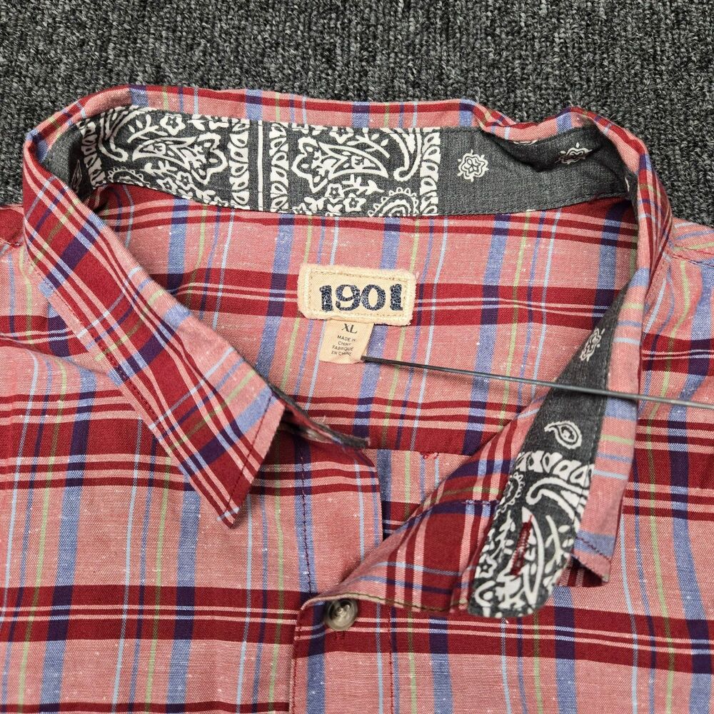 1901 Mens XL Shirt Red Plaid Cotton Button Down Contrast Cuff Casual LS